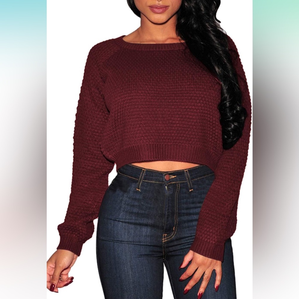 Pink Queen (Amazon), Women's Knit Long Sleeves Cropped Sweater Top, burgundy, S
